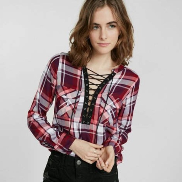 EXPRESS Red Lace-Up Plaid Check Long-Sleeve Blouse Shirt - Picture 1 of 4